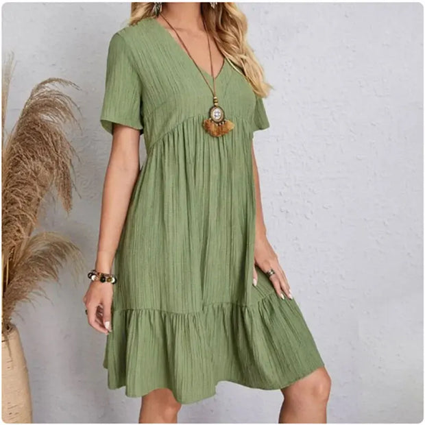 Women Summer Peplum V-Neck Short Sleeve Fit Flare Vocation Dresses