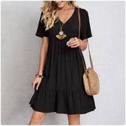 Women Summer Peplum V-Neck Short Sleeve Fit Flare Vocation Dresses