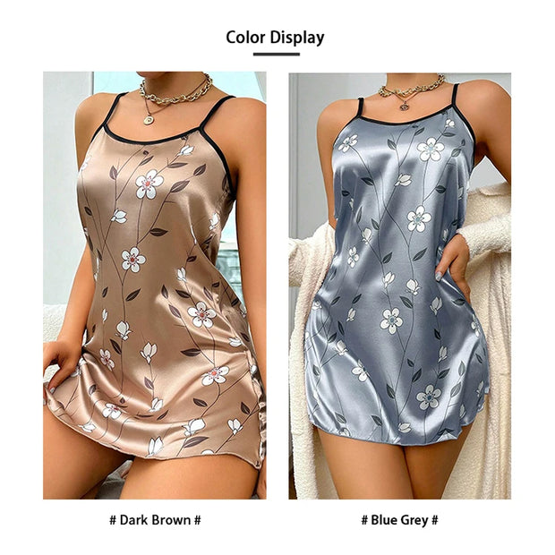 Women's Sleepdress Satin Floral Print Nightdress Comfortable Spaghetti Strap Sleepwear Dress Luxurious Satin Slip Nightdress