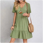 Women Summer Peplum V-Neck Short Sleeve Fit Flare Vocation Dresses