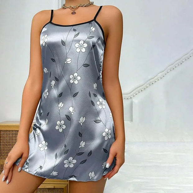 Women's Sleepdress Satin Floral Print Nightdress Comfortable Spaghetti Strap Sleepwear Dress Luxurious Satin Slip Nightdress