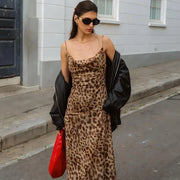 Vintage Leopard Print Chiffon Sexy Cami Dress Women V Neck Sleeveless Party Dress Fashion 2024 Summer Streetwear Dress