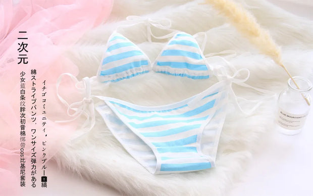 Japan Sexy Lingerie Lolita Kawaii Blue Pink White Striped Mini Bikini Adult Cosplay Women  Bra Underwear Set  Frenum Swimsuit