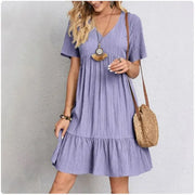 Women Summer Peplum V-Neck Short Sleeve Fit Flare Vocation Dresses