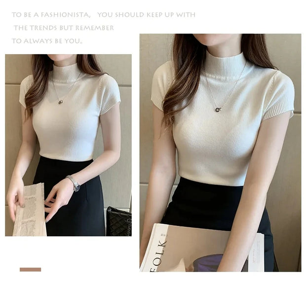 Women's Half-High Neck T-Shirt Fashion Jumper Casual Tops Korean Style Elegant Solid-Coloured Clothing Spring And Summer Season