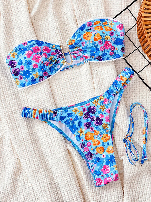 Sexy U Neck Flowers Printed Wrinkled Bikini Female Swimsuit