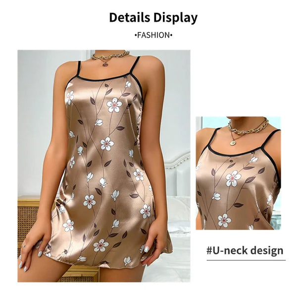 Women's Sleepdress Satin Floral Print Nightdress Comfortable Spaghetti Strap Sleepwear Dress Luxurious Satin Slip Nightdress