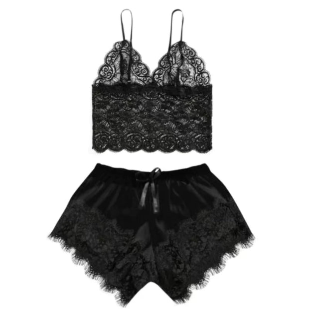 Women Lace Sexy Pajamas Set Lace Top And Shorts