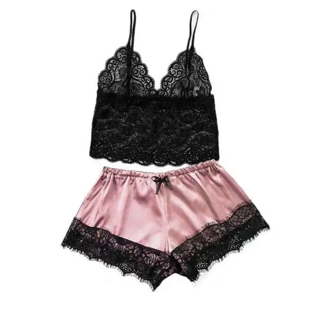 Women Lace Sexy Pajamas Set Lace Top And Shorts