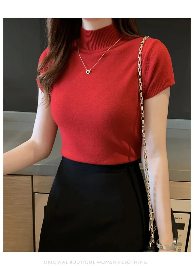 Women's Half-High Neck T-Shirt Fashion Jumper Casual Tops Korean Style Elegant Solid-Coloured Clothing Spring And Summer Season