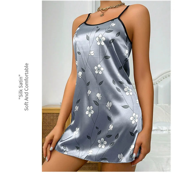 Women's Sleepdress Satin Floral Print Nightdress Comfortable Spaghetti Strap Sleepwear Dress Luxurious Satin Slip Nightdress