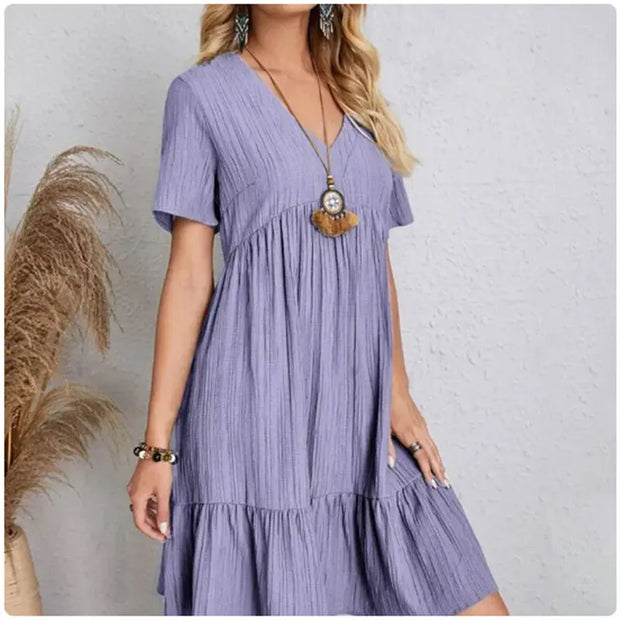 Women Summer Peplum V-Neck Short Sleeve Fit Flare Vocation Dresses